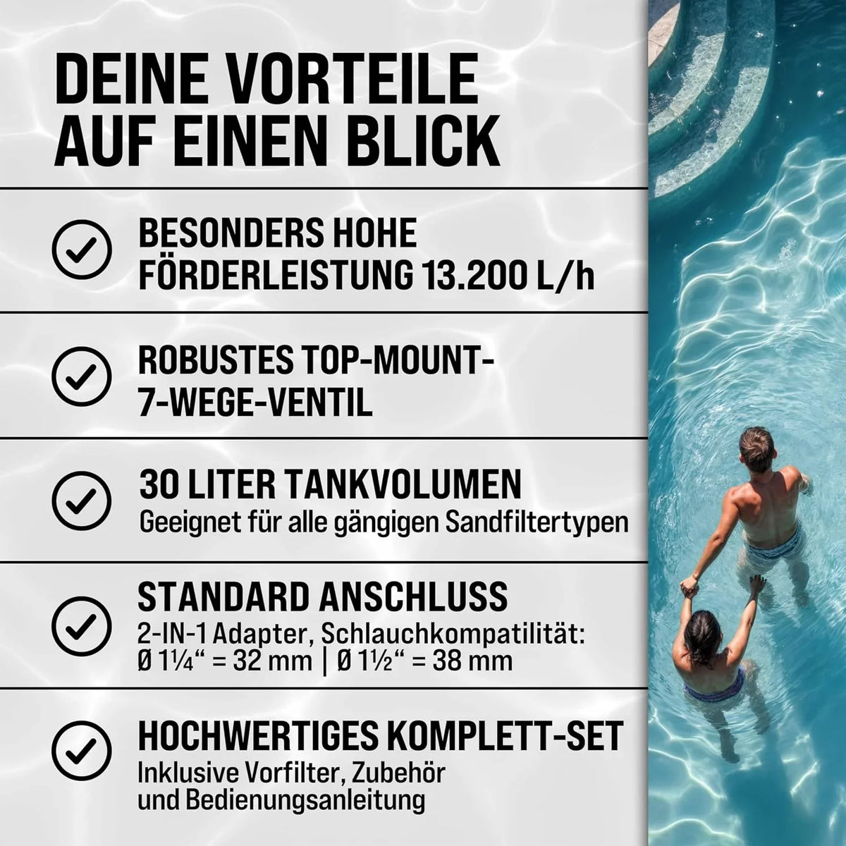 MONZANA Sandfilteranlage 13.200L/h bis 58.000L Pool Vorfilter 7-Wege-Ventil 600W 30L Tank 2in1 Adapter Ø32-38mm Filteranlage Poolfilter Sandfilter