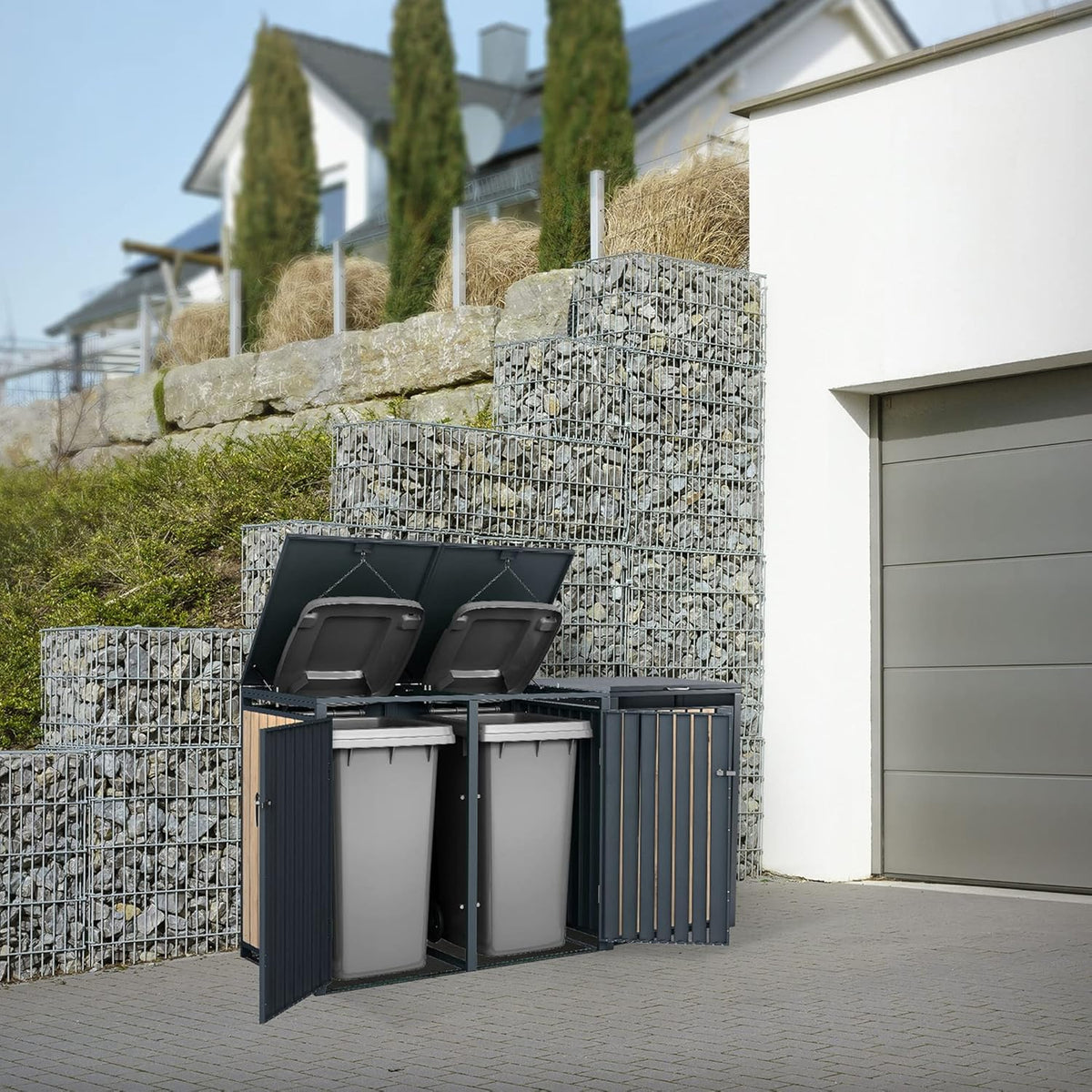 ML-Design Mülltonnenbox 3er 3 Tonnen 240L 200x80x116.3cm Anthrazit-Holzoptik. Stahl wetterfest/abschließbar Mülltonnenverkleidung Klappdeckel/3 Türen.