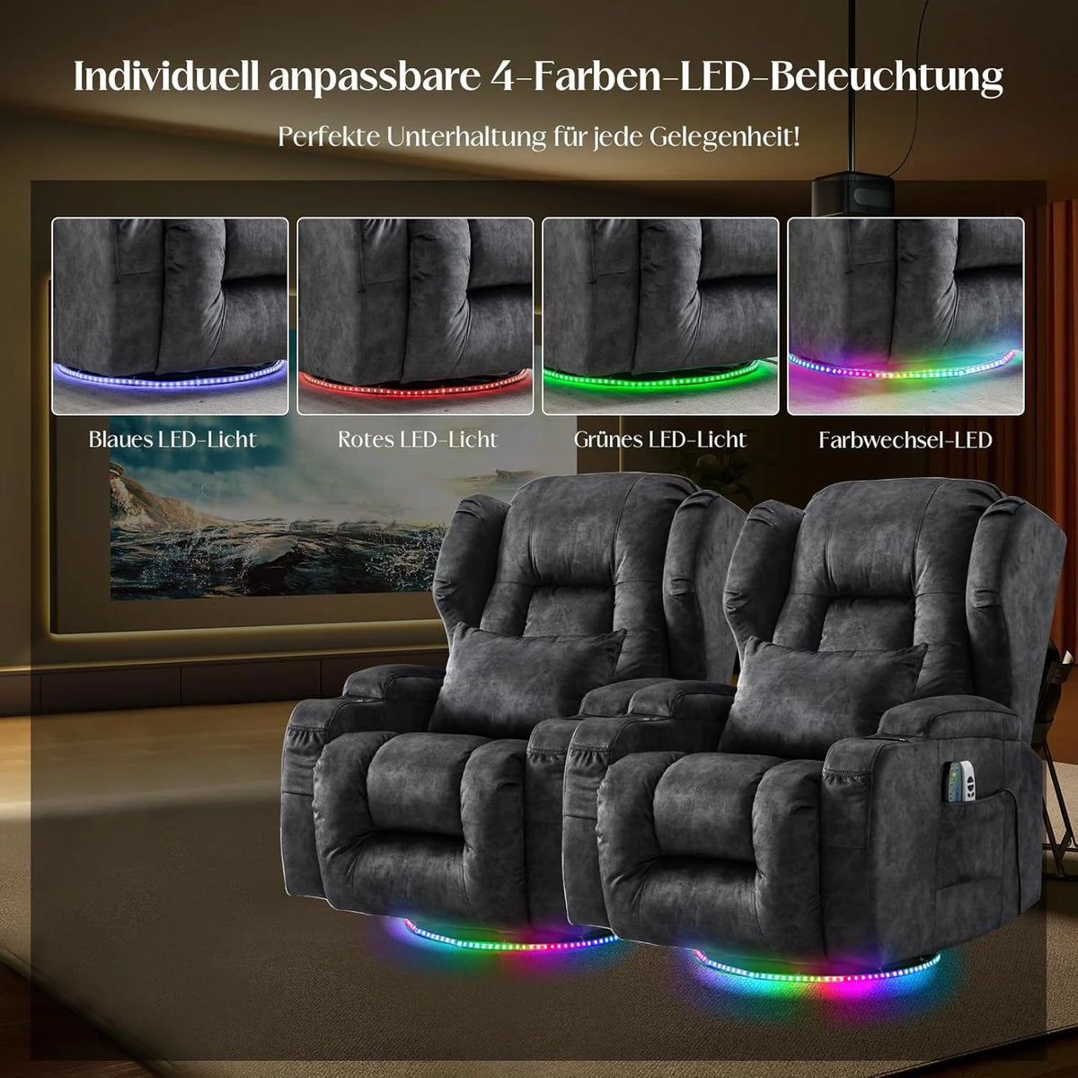 Elektrischer Fernsehsessel Relaxsessel mit Liegefunktion.240°Drehsessel Kinosessel Massagesessel mit Wärmefunktion.TV Sessel Liegesessel fürs