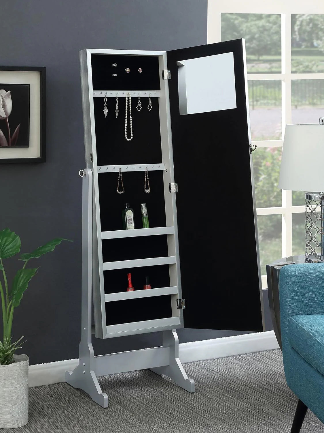 Mounted-style mirror cabinet. featuring jewelry storage function. with a design allowing the entire length to be tilted. rectangular shape - bedroom - silver color