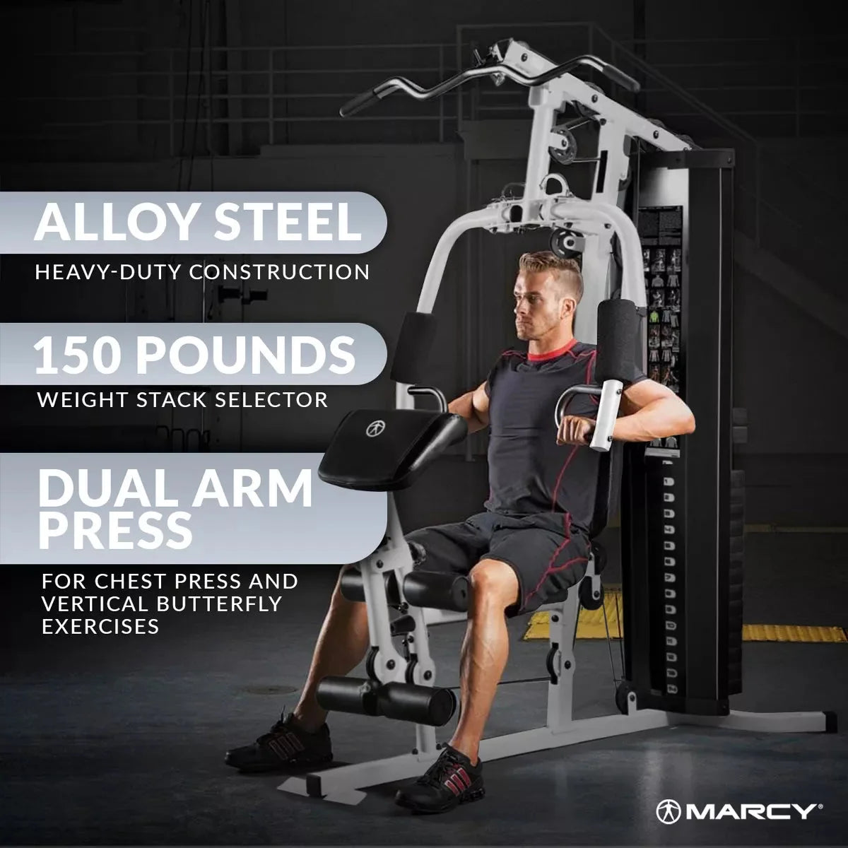 150-Lb. Weight Stack Home Gym with Dual-Function Arm Press and Leg Developer. Black/White