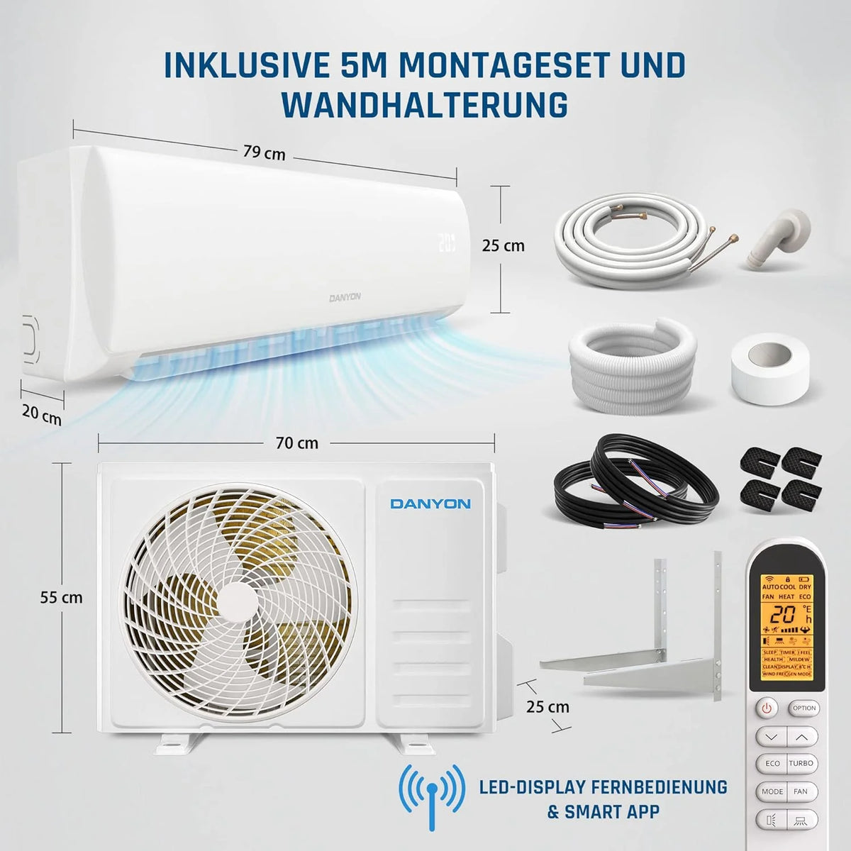 Danyon Klimaanlage Split - 12000 BTU - 3.4 kW. Selbstreinigung. leise. Smart Home. Inverter Klimagerät mit Heizfunktion. Splitgerät vorgefüllt mit R32