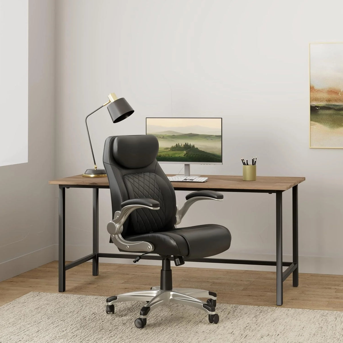 Ergonomic elastic polyurethane leather office chair. high-back modern executive office chair. equipped with 5 adjustable lumbar support cushions. tilting function. and reversible armrests. It is a comfortable home office computer desk chair. in black