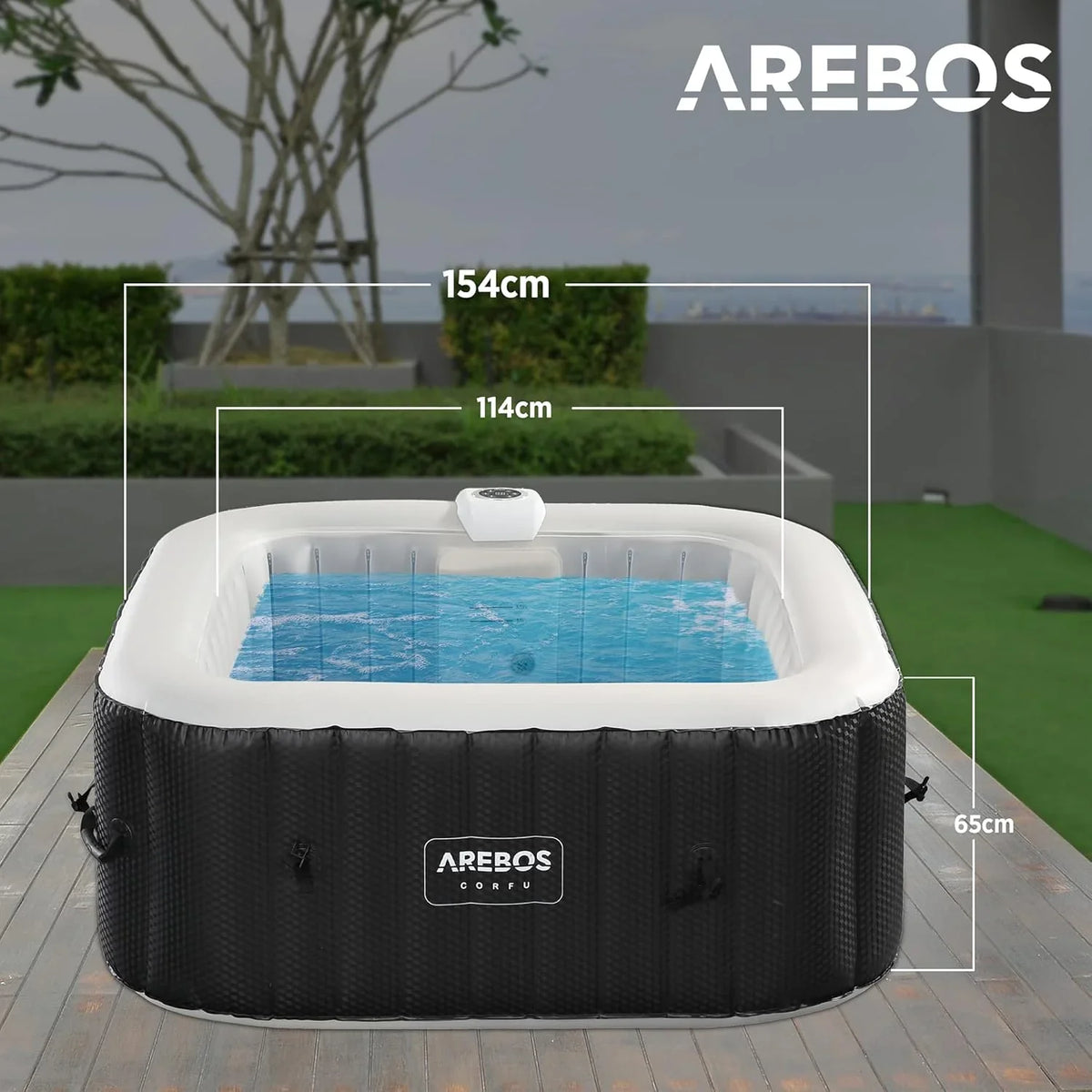 Arebos Whirlpool | 154 x 154 cm | mit LED-Beleuchtung | aufblasbar | quadratisch | In- & Outdoor | 4 Personen | 100 Massagedüsen | mit Heizung | 600 L
