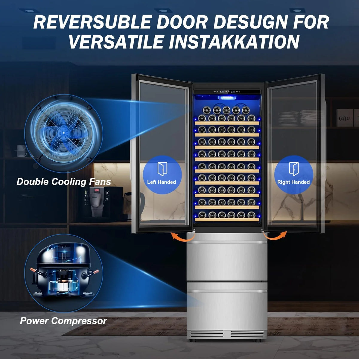 24 Inch Dual Drawer Fridge Under Counter with Wheels. Outdoor Beverage Refrigerator for Patio. Stainless Steel Weather-Proof. Freestanding or Built-In Installation. Ideal for Home and Commercial Use
