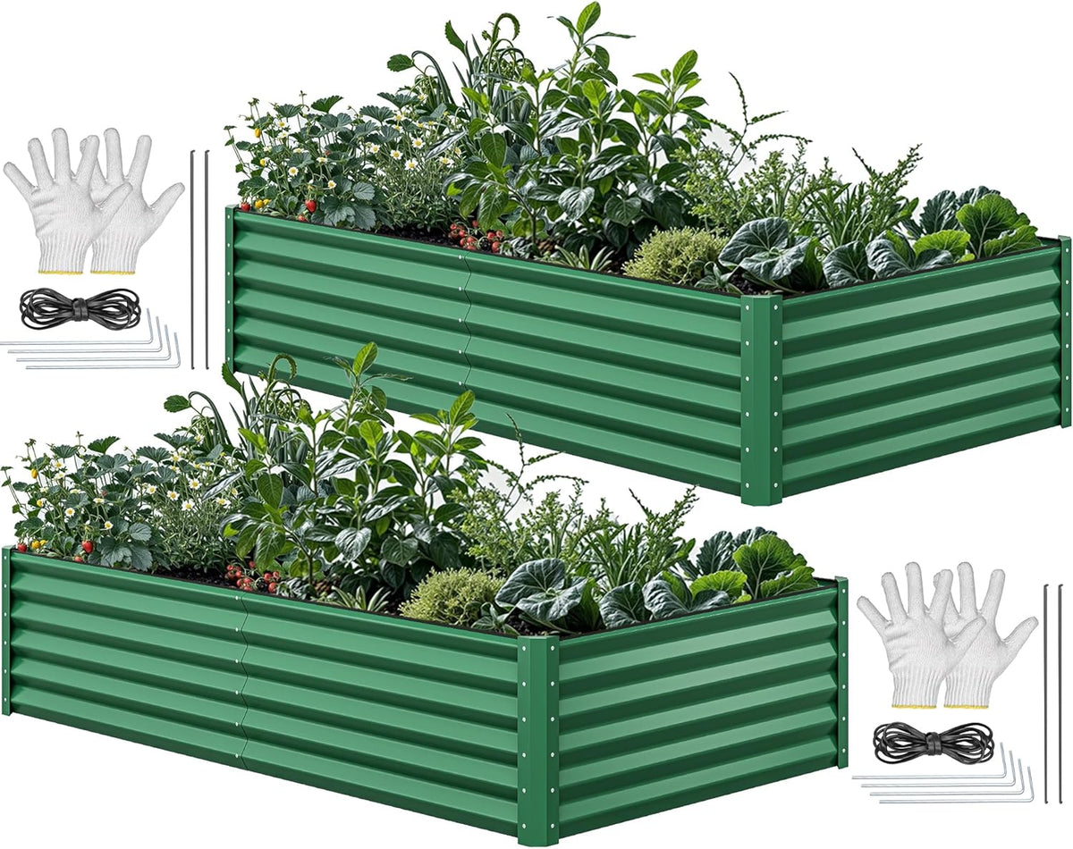 8x4x2ft 2pcs Large Raised Garden Bed Kit. Galvanized Metal Planter Box with Gloves. Ground Nails & Safety Rubber. Outdoor Above Ground Planters for Plants Vegetables Flowers. Green