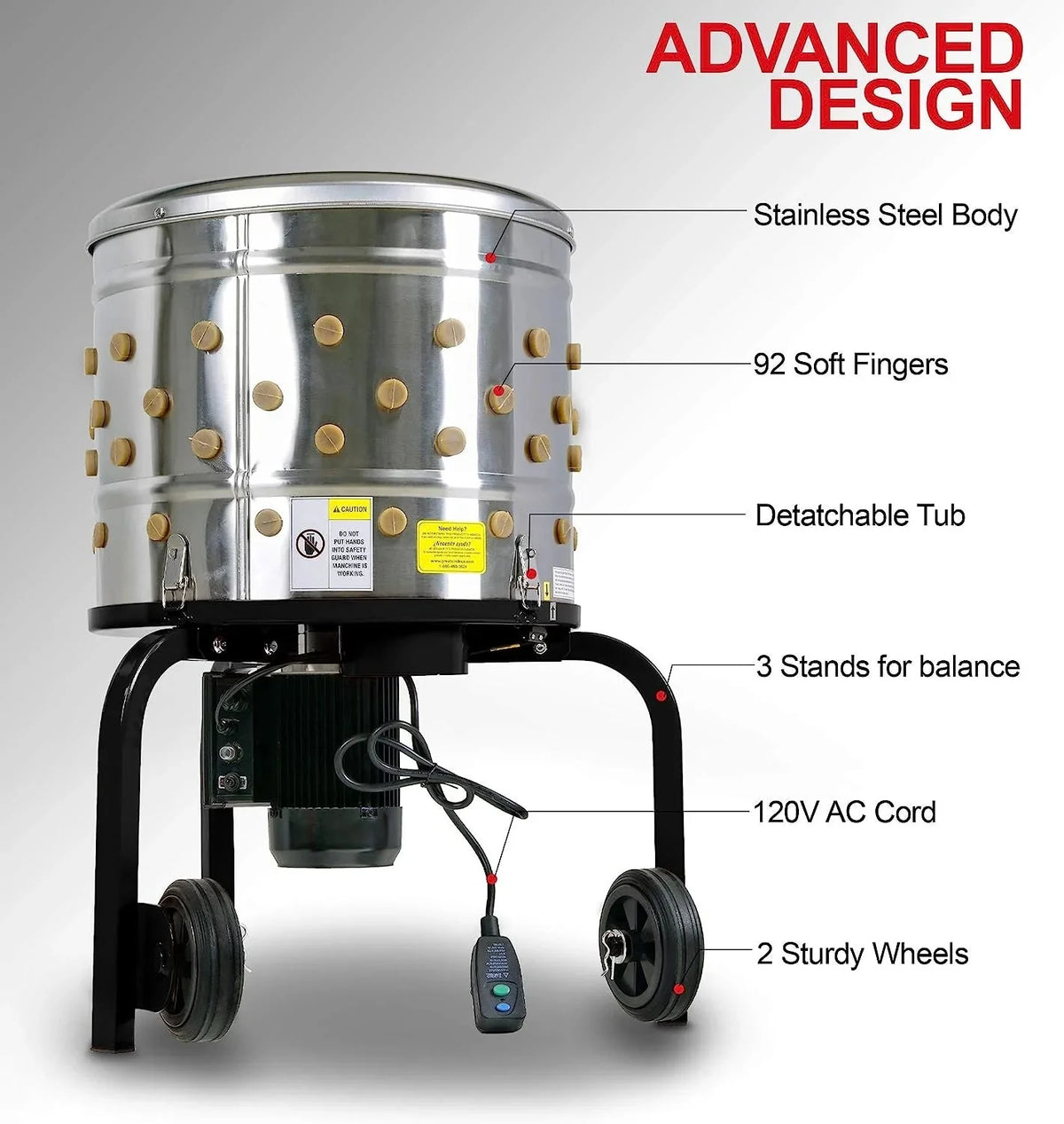 1 HP Electric Chicken Plucker. Stainless Steel. 120VAC. 280 RPM. 20-Inch Drum. 92 Soft Fingers