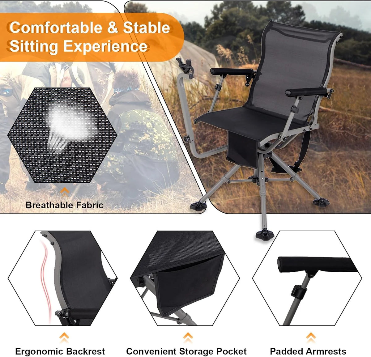 360° rotatable hunting seat. equipped with 4 extendable aluminum legs. adjustable gunstock. portable hunting shelter chair. equipped with carrying straps for outdoor activities.