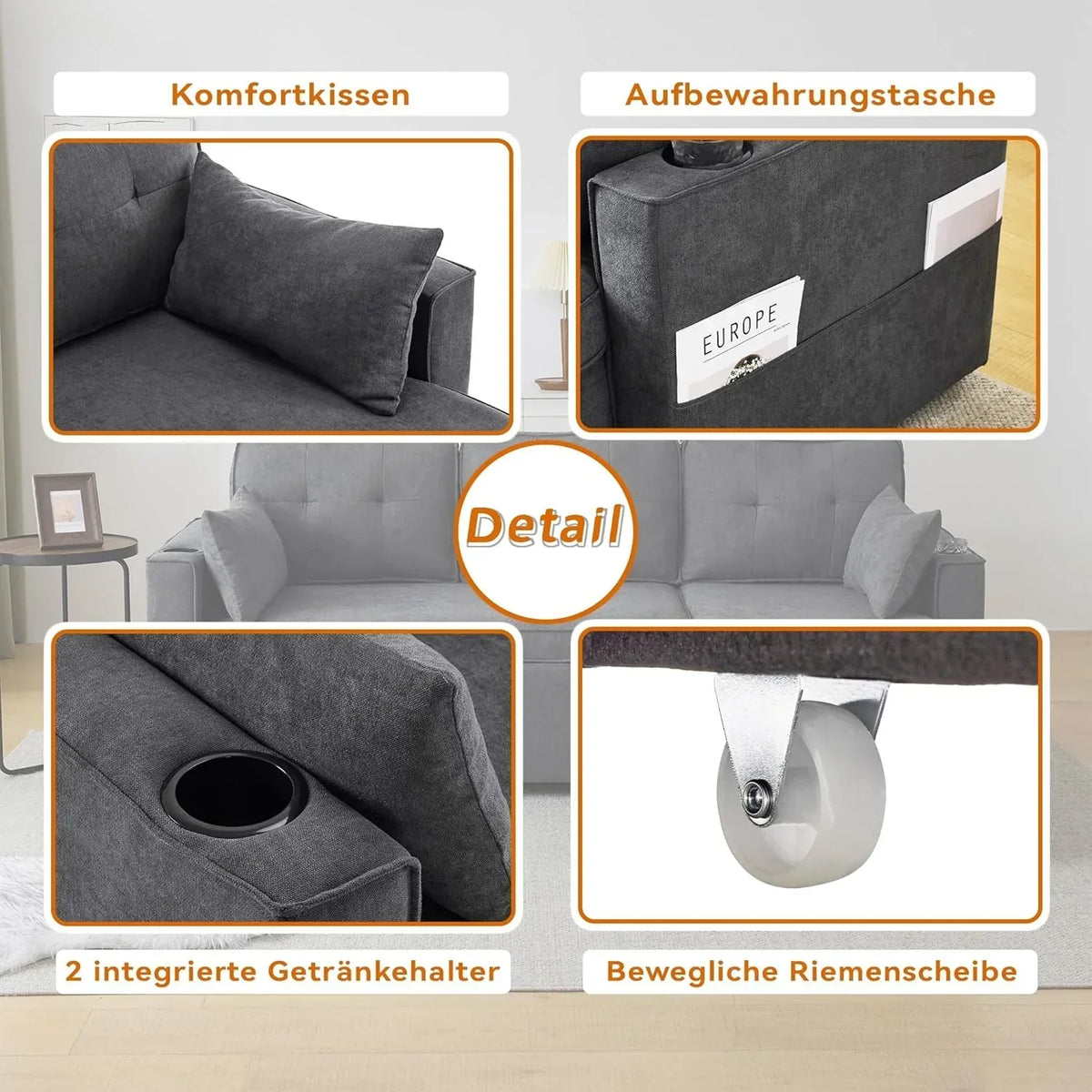 Sofá Cama 3 plazas con Portavasos y Bolsa Pasamanos Lateral. Sofá en Forma de L. Intercambiable a la Derecha y a la Izquierda. Gris