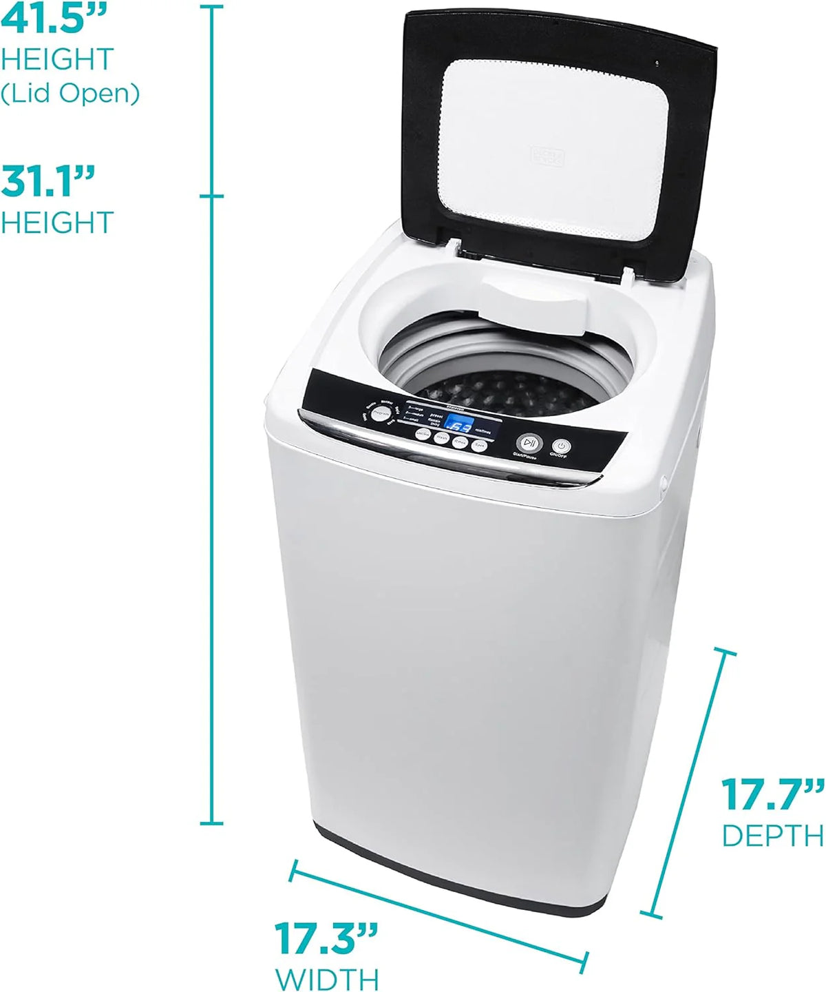 0.9 Cu. Ft. Portable Washer. 6.6 lb. Capacity Washing Machine for Homes & Apartments. 5 Wash Cycles. Quick Connect Sink Adapter and Drain Hose Included. Transparent Lid. BPWM09W. White