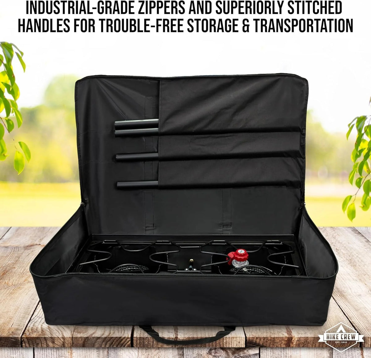 Dual-burner outdoor gas stove | 150.000 British thermal units portable propane stove. with blue flame control. detachable legs. temperature control knob. windproof panel. hose. regulator and storage box