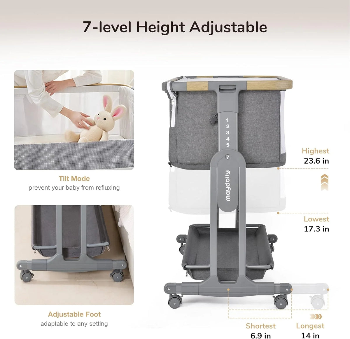 Maydolly Baby Bassinet Bedside Crib. 3-in-1 Baby Bassinet Bedside Bed with Mattress and Soft. Breathable Sheet. 7-Height Adjustable. Stable and Reliable Crib for Nursery