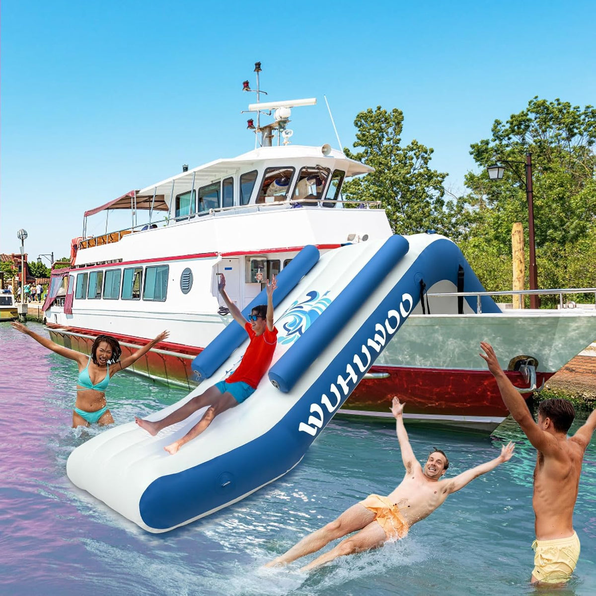 Pontoon Waterfall Slide. Inflatable Pontoon Boat Water Slide for Kids Backyard Pool Sea. Electric Air Pump & Storage Bag