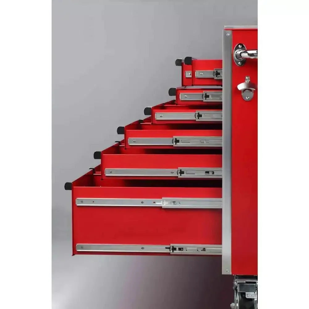 72-Inch W x 24-Inch D 15-Drawer Heavy-Duty Tool Chest Mobile Workbench. Stainless Steel Top. Dual Locks. Red