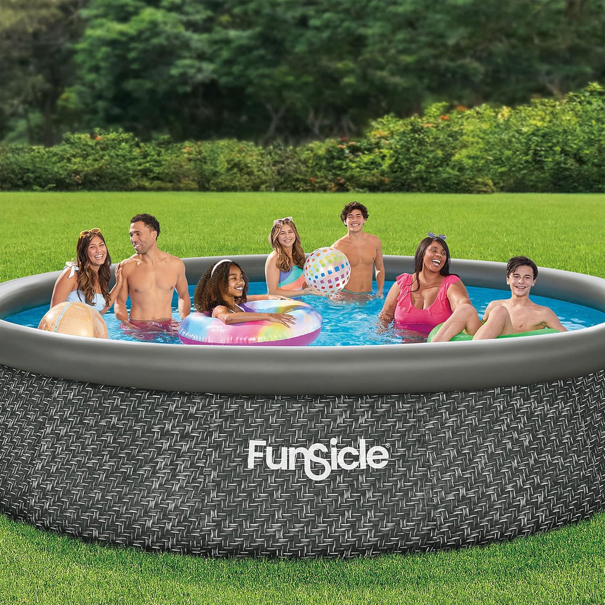 12 Foot by 36 Inch Quickset Round Inflatable Ring Top Outdoor Above Ground Swimming Pool Set with Pump and Cartridge Filter. Dark Herringbone