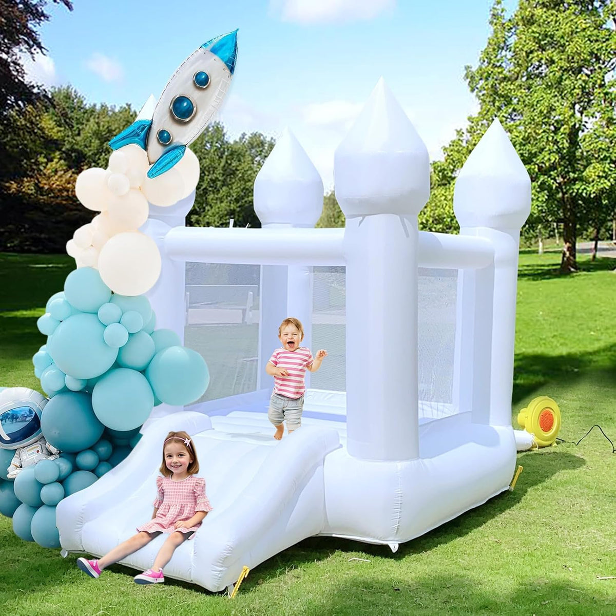 White Bounce House Indoor Outdoor Bouncy Castle for Kids 2-8 Oxford Toddler Bounce House with Slide Balloon & Blower.103 x 71 x 90 inch.Children's Birthday Party Easter Party Gifts