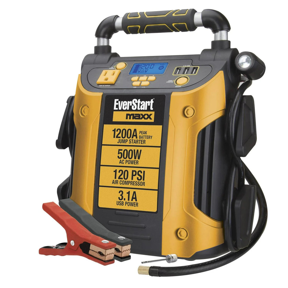 1200 Peak Amp Jump Starter & Power Station – 500W Inverter. 120 PSI Compressor