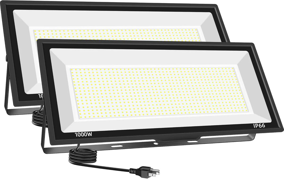 500W LED Flood Light Outdoor 2 Pack. 2000W Equivalent FloodLight with Plug. Super Bright 55000LM 5000K Daylight White IP66 Waterproof Commercial Lighting for Sports Fields.Courts.Arena.Stadium