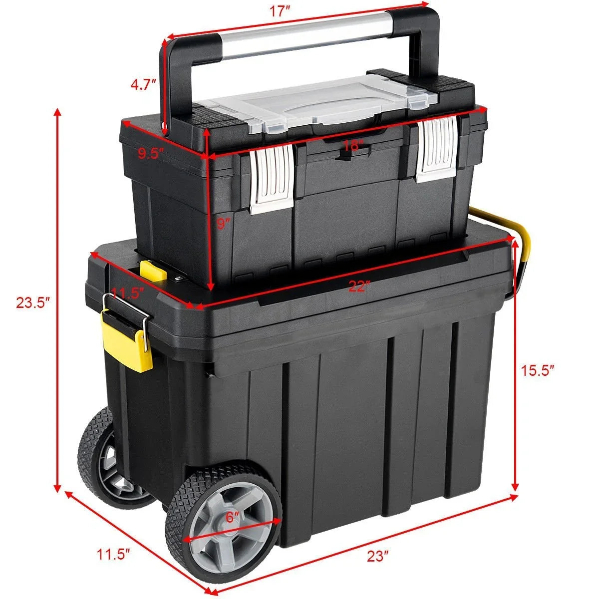 2-in-1 Rolling Toolbox. Portable Plastic Tool Organizer and Storage Box Set