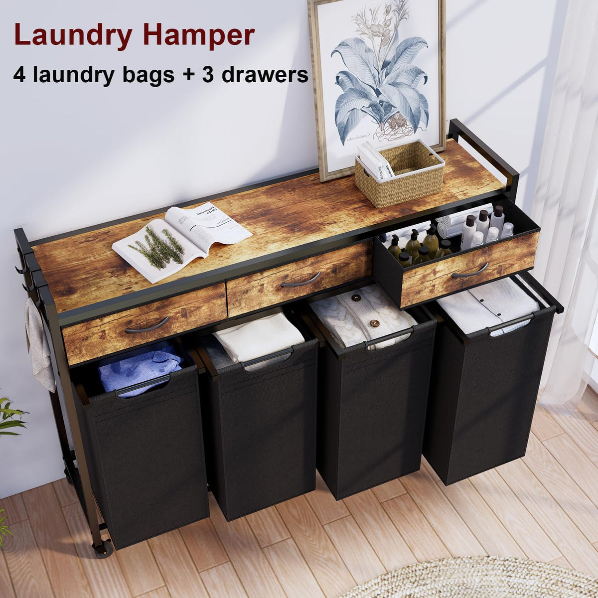 Two Laundry Hamper. Rolling Laundry Sorter with Wheels. 4 × 14.5 Gal (55 L). Pull-Out and Removable Laundry Bags. for Laundry Room. Rustic Brown