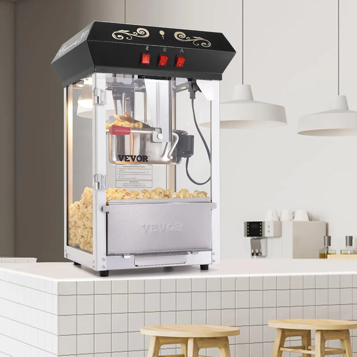 Popcorn machine. 12-ounce pot capacity. 1440-watt countertop popcorn machine. can produce 80 cups per batch. cinema-style popcorn machine. equipped with 3 switches for control. steel frame. tempered glass door. 1 pot. 2 spoons. red version
