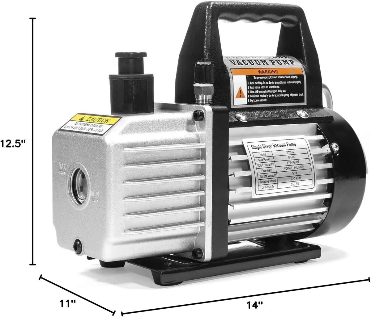 4 CFM HVAC A/C Refrigeration Vacuum Pump and Manifold Gauge Kit with R134a Tap. Leak Detector and Carrying Bag