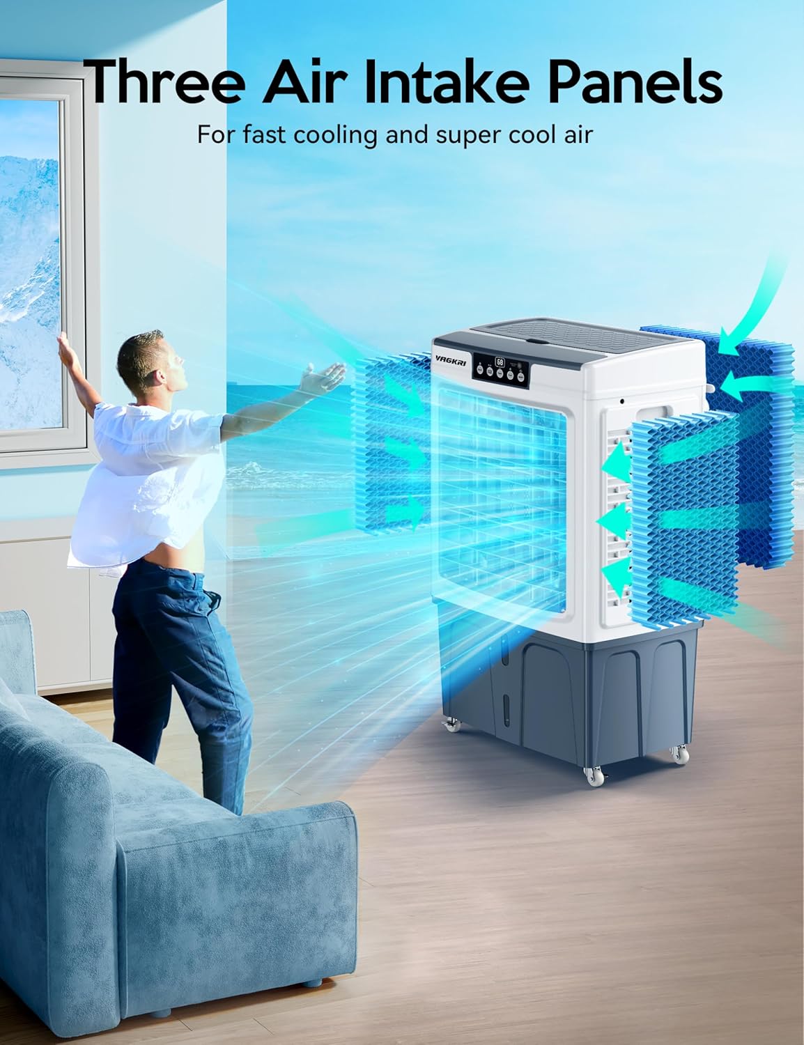 Evaporative Cooler. 2100CFM Air Cooler. 120°Oscillation Swamp Cooler with Remote Control. 24H Timer. 3 Wind Speeds for Outdoor Indoor Use.8 Gallon