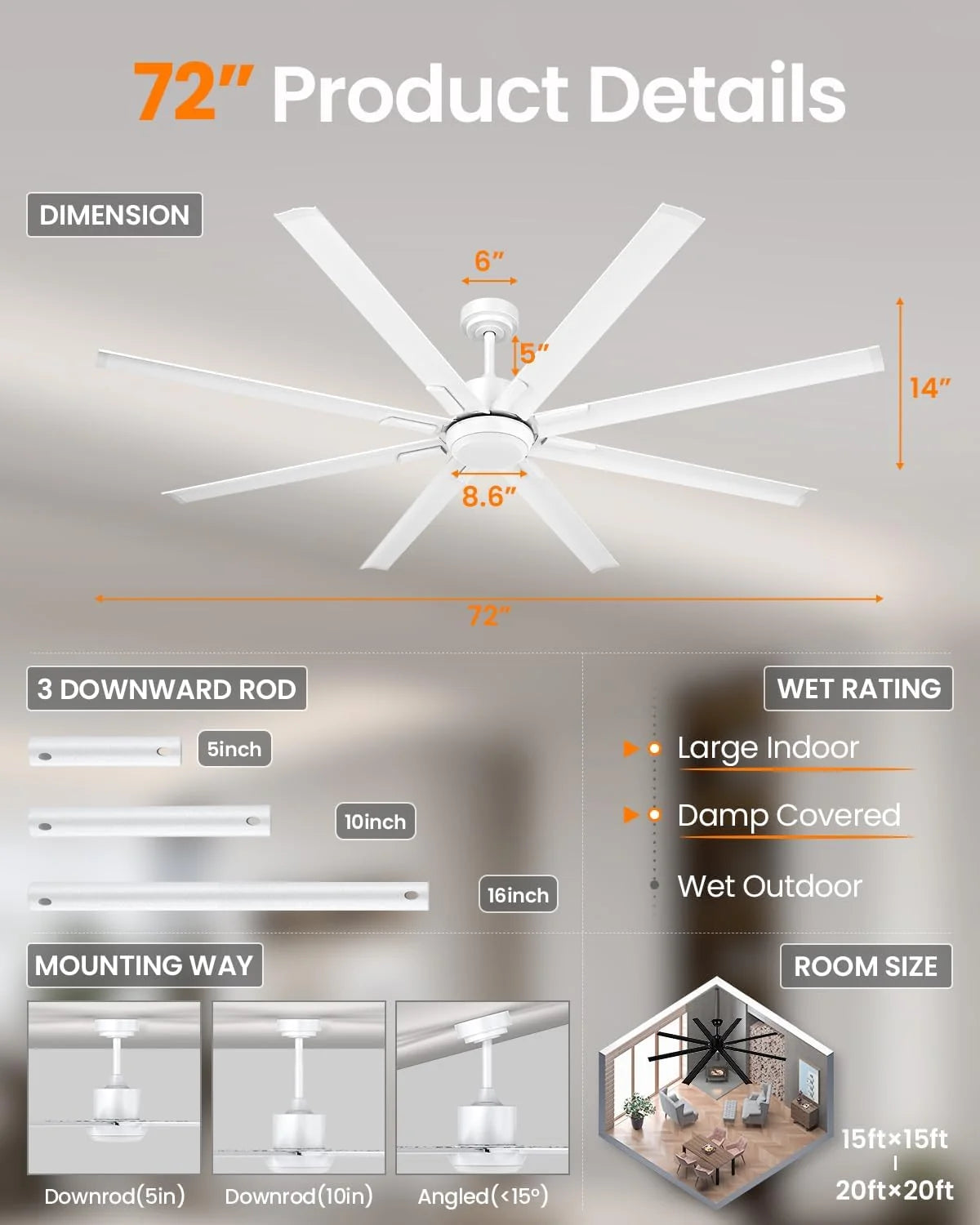 183cm Extra Grande 8 Aspas de Aluminio Ventilador de Techo con Luz y Mando. Silencioso Lampara Ventilador Techo con Reversible Motor DC para Exterior