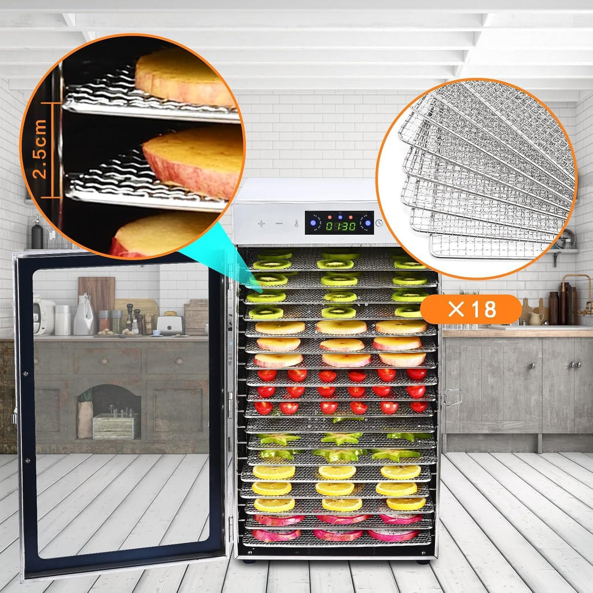 Touch screen 18-Floor Stainless Steel Food Dehydrator. Adjustable Timer and Temperature. 18 Racks. Dryer for Jerky. Meat. Fruits. herbs. tea. sourdough starter and Vegetables and lot more