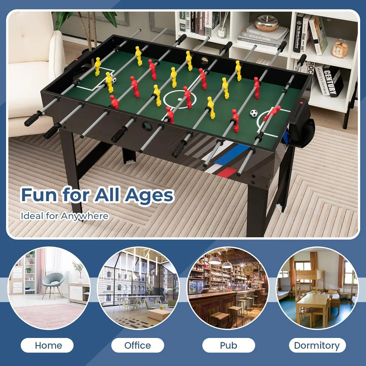 The multi-functional game table integrates a football table. a billiards table. an air curling table and a table tennis table. It is an ideal combination game table for a family game room.