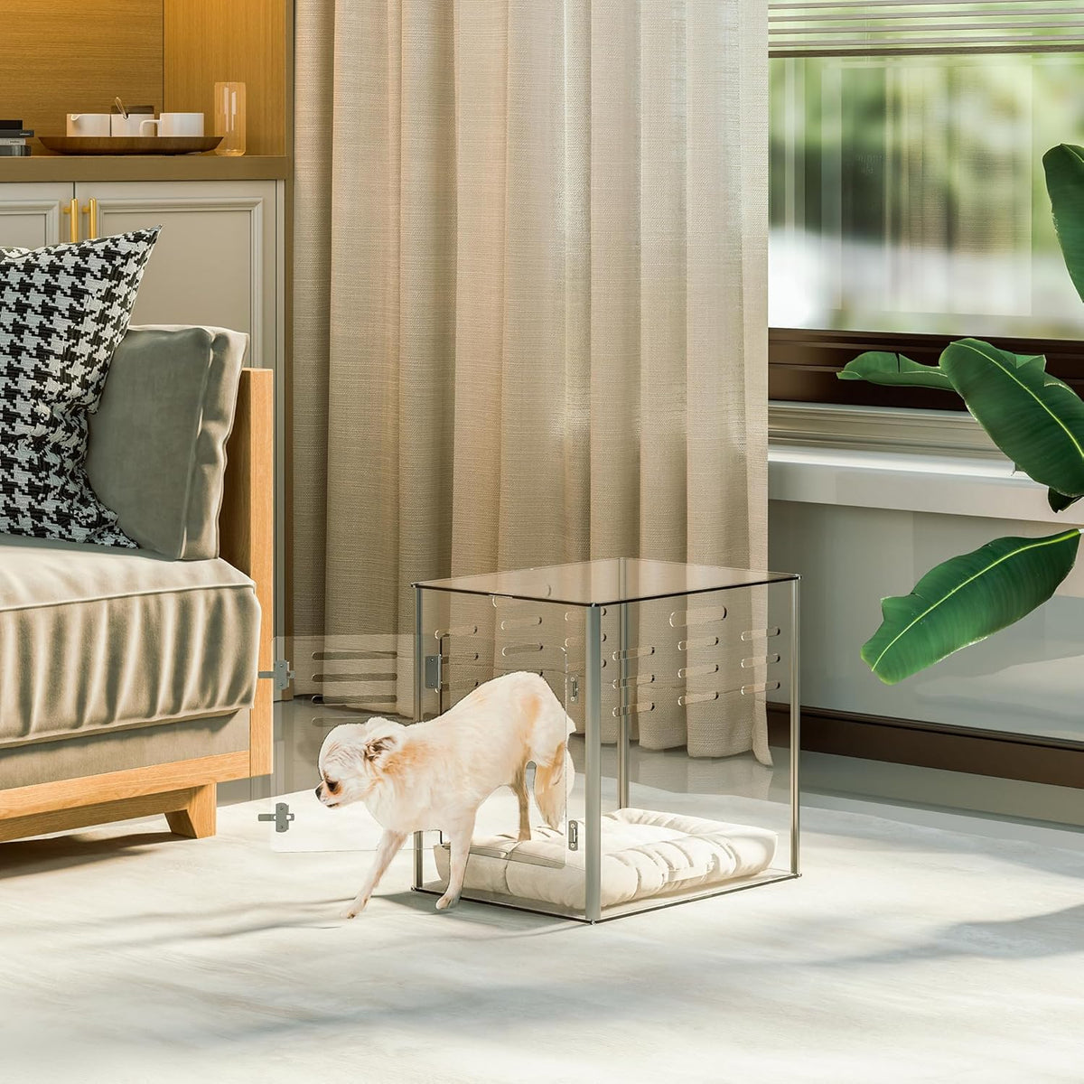 Acrylic dog cage - Clear and transparent dog house - Indoor lockable - High-intensity ventilation dog house - Suitable for small to medium-sized dogs (weighing no more than 45 pounds) - Fashionable transparent dog house cage. 30 inches long. 20 inche