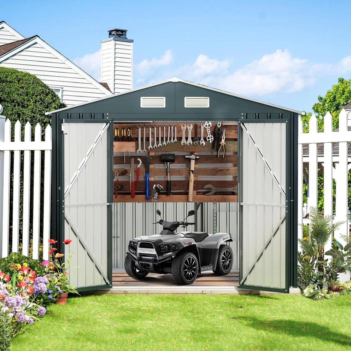 8x6FT Outdoor Steel Storage Shed with Clear Window. Lockable Doors. Weather-Resistant Metal Tool Shed for Garden. Backyard. Patio. and Utility Storage