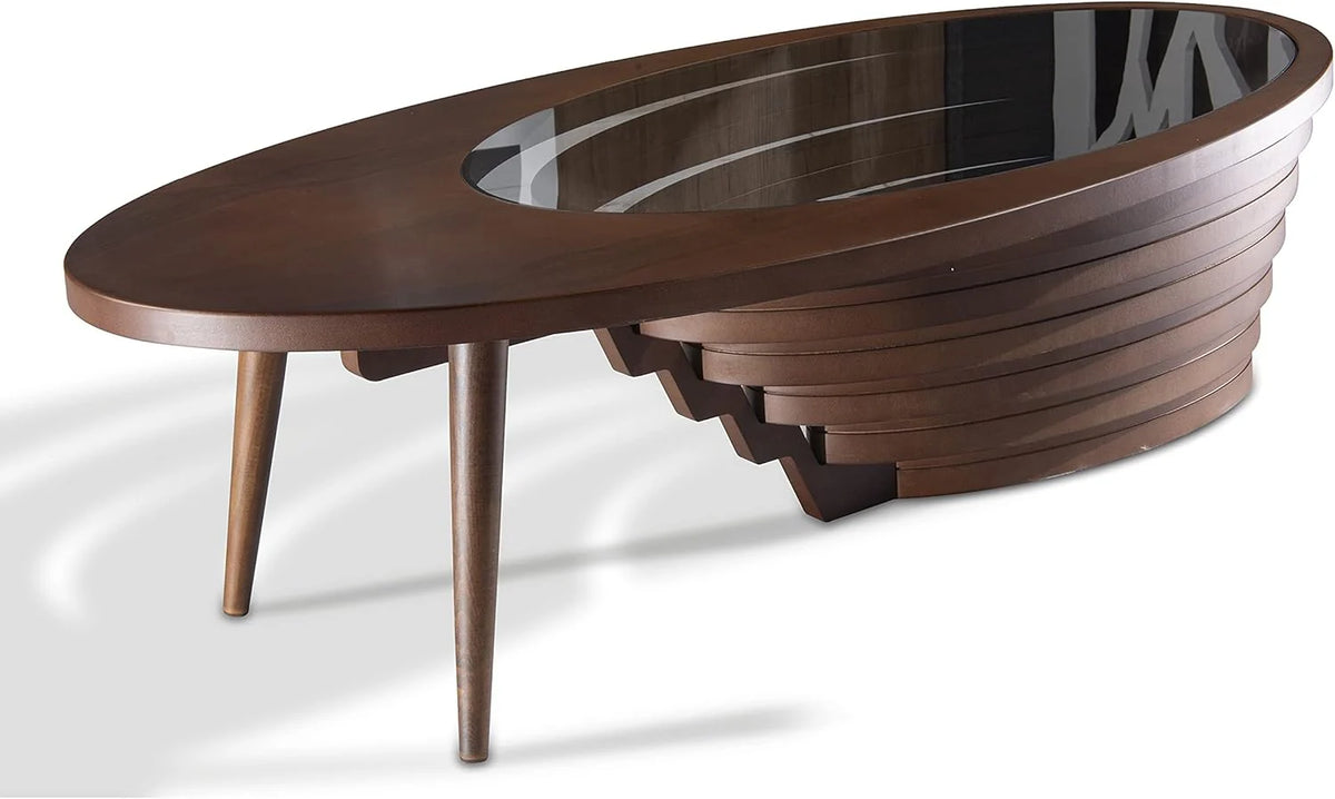 Design a modern coffee table - natural walnut veneer. tempered glass tabletop. layered wave shape. rustic wood. modern living room table. luxurious home and office decoration. central table in the living room.