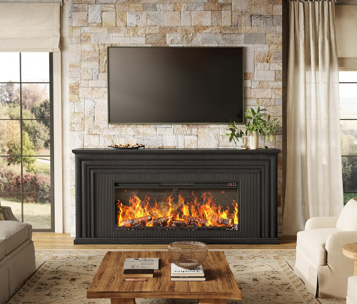 75-inch wall-mounted TV cabinet. rustic modern entertainment center with fireplace. 70-inch media cabinet with 3 drawers. featuring a recessed design. suitable for the living room. black version