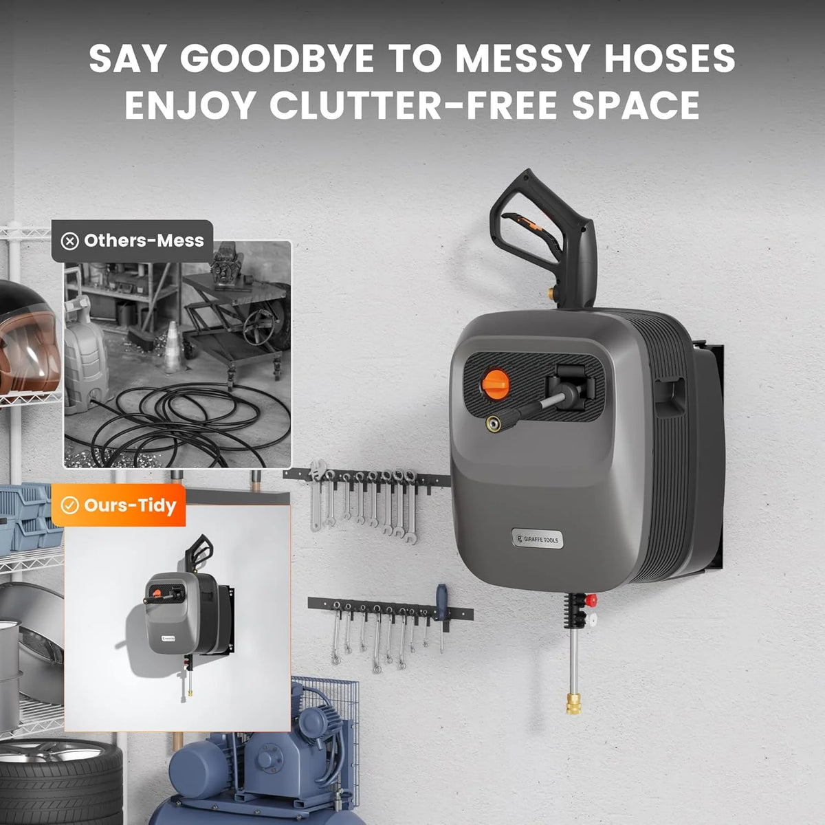 Pressure Washer G20 Pro. 2500 PSI 2.2 GPM. 180° Wall Mounted Power Washer. Auto-retract with 65FT Hose Reel. 5 Nozzles for Floor/Cars/Fences/Patios. Dark Silver