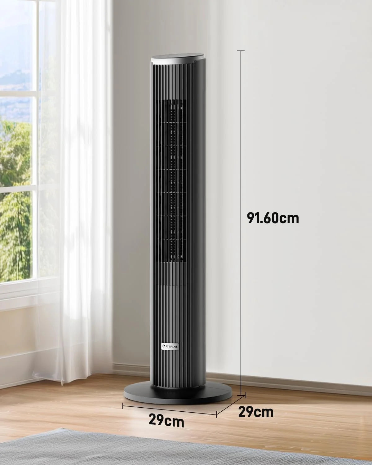 Ateroll Leiser Turmventilator für Schlafzimmer. Standventilator mit Fernbedienung. 90° oszillierend. 4 Geschwindigkeiten 3 Modi 12H Timer LED-Anzeige.