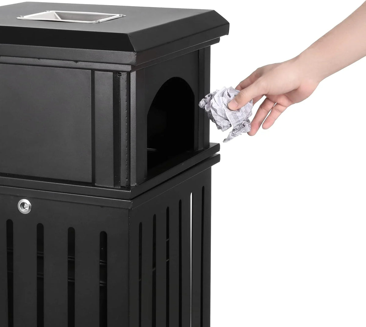Outdoor trash bin top tray matte black stainless steel commercial waste storage box with lock cover. Heavy-duty industrial garden garage garbage container. dimensions: 35.5 * 15.8 * 15.8 inches.