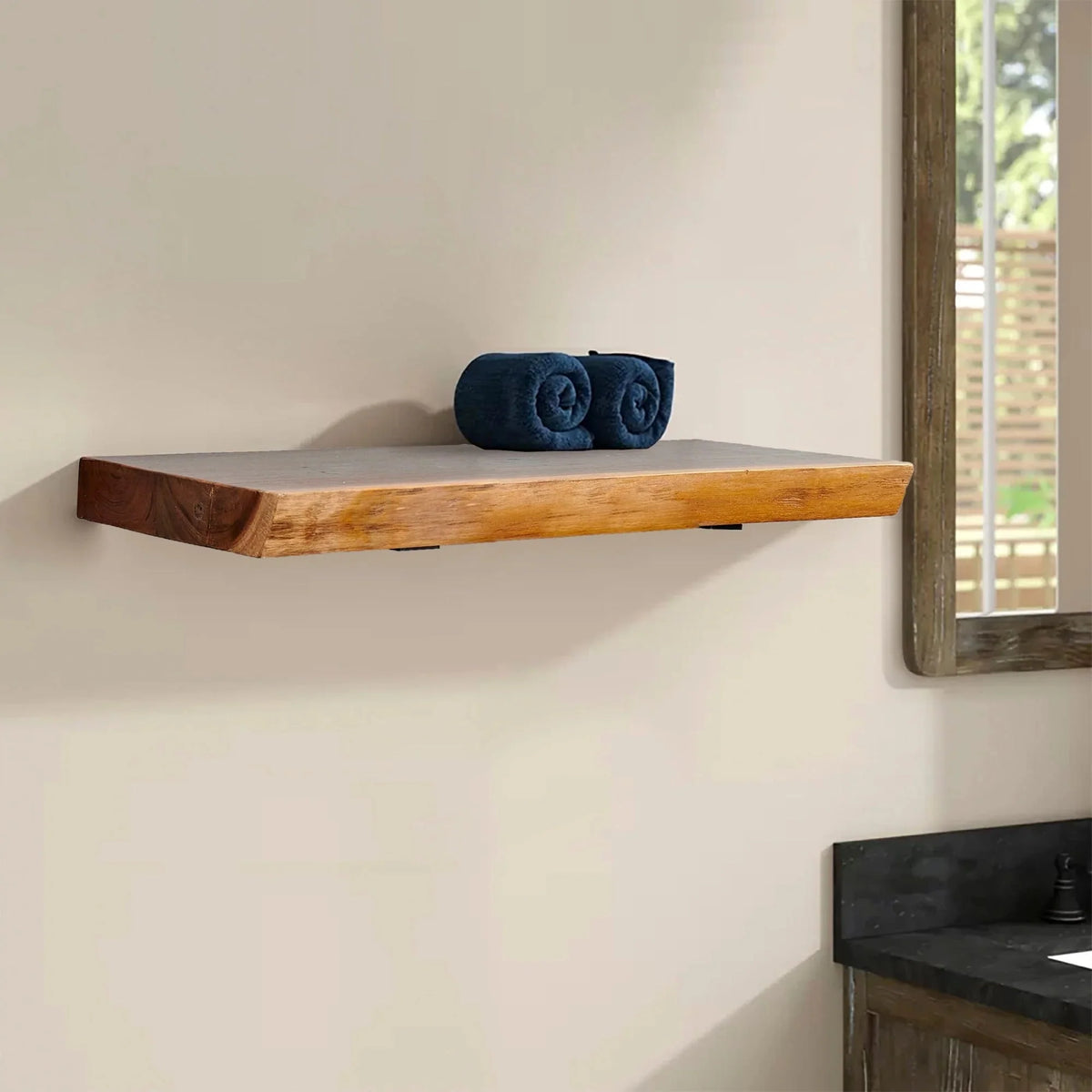 1 Piece Teak Wood Wall Shelf with Live Edge. Rustic Floating Shelf for Home Decor