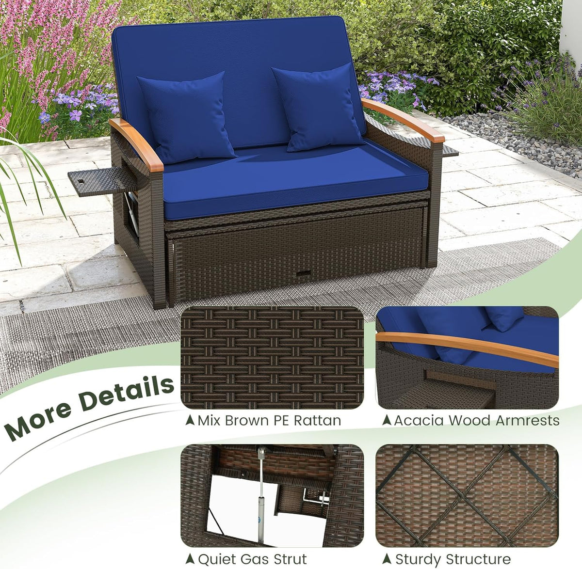 Moccha Outdoor Wicker Daybed. Patio Rattan Loveseat Sofa w/ 4-Level Adjustable Backrest. Folding Panels. Storage Ottoman & Cushions. Lounge Furniture Set for Poolside Backyard Porch (Beige)