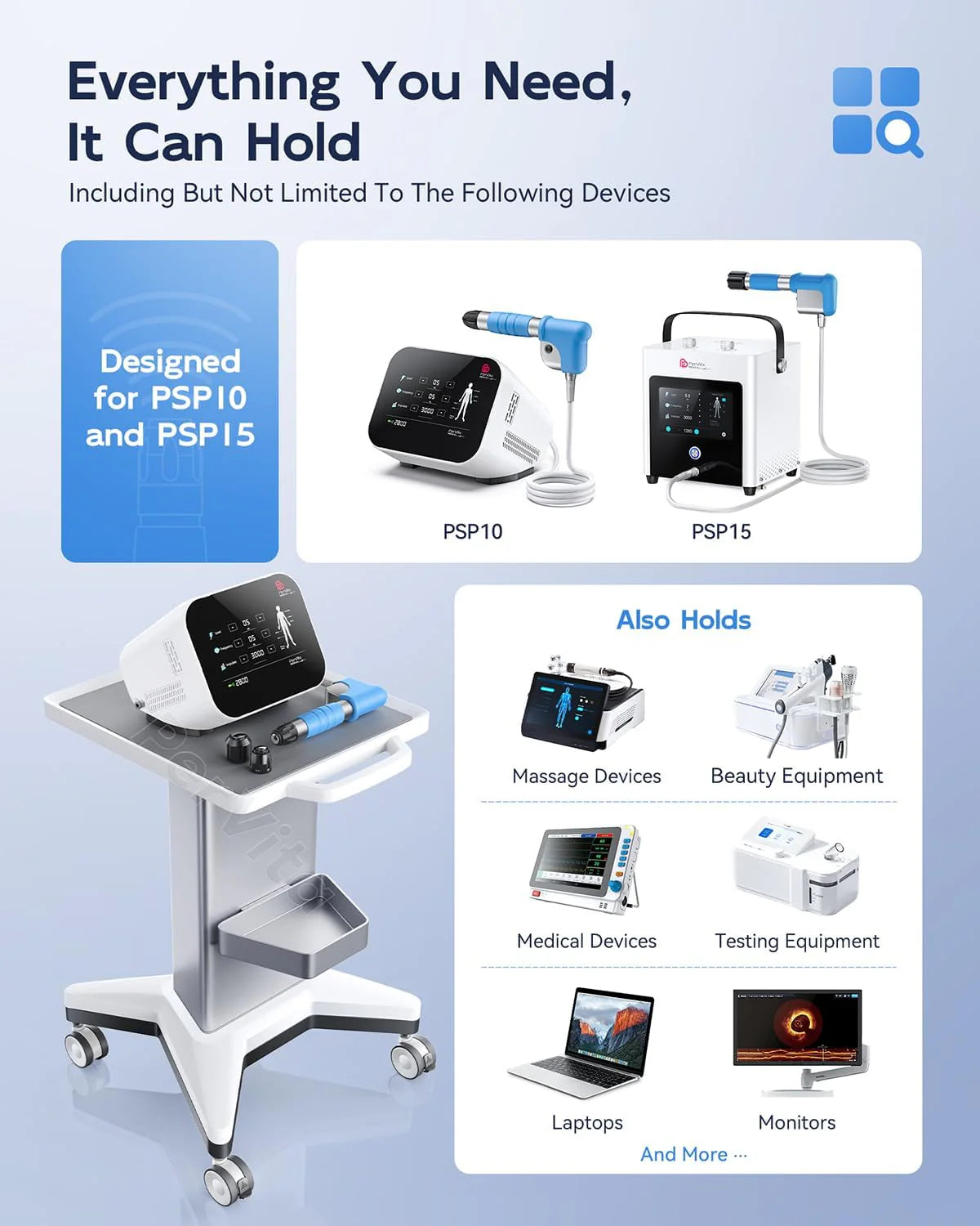 Medical Utility Cart with 4 Swivel Wheels. 100 lbs Capacity for PSP10/PSP15 Shockwave Machines. Beauty. Medical. Office & Home Use Equipment. 15.7x17.3 in Non-Slip Platform & Gel Tray