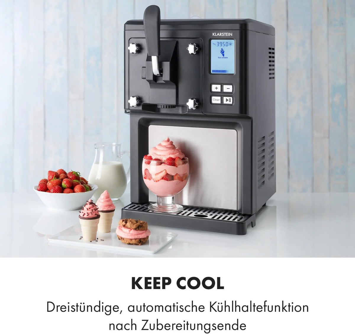 Klarstein Sweet Sundae - Eiscrememaschine. 1.5 Liter. mitselbstkühlendem Kompressor. 200 Watt. Ausgabesystem. 3 StundenAuto-Kühlhaltefunktion.