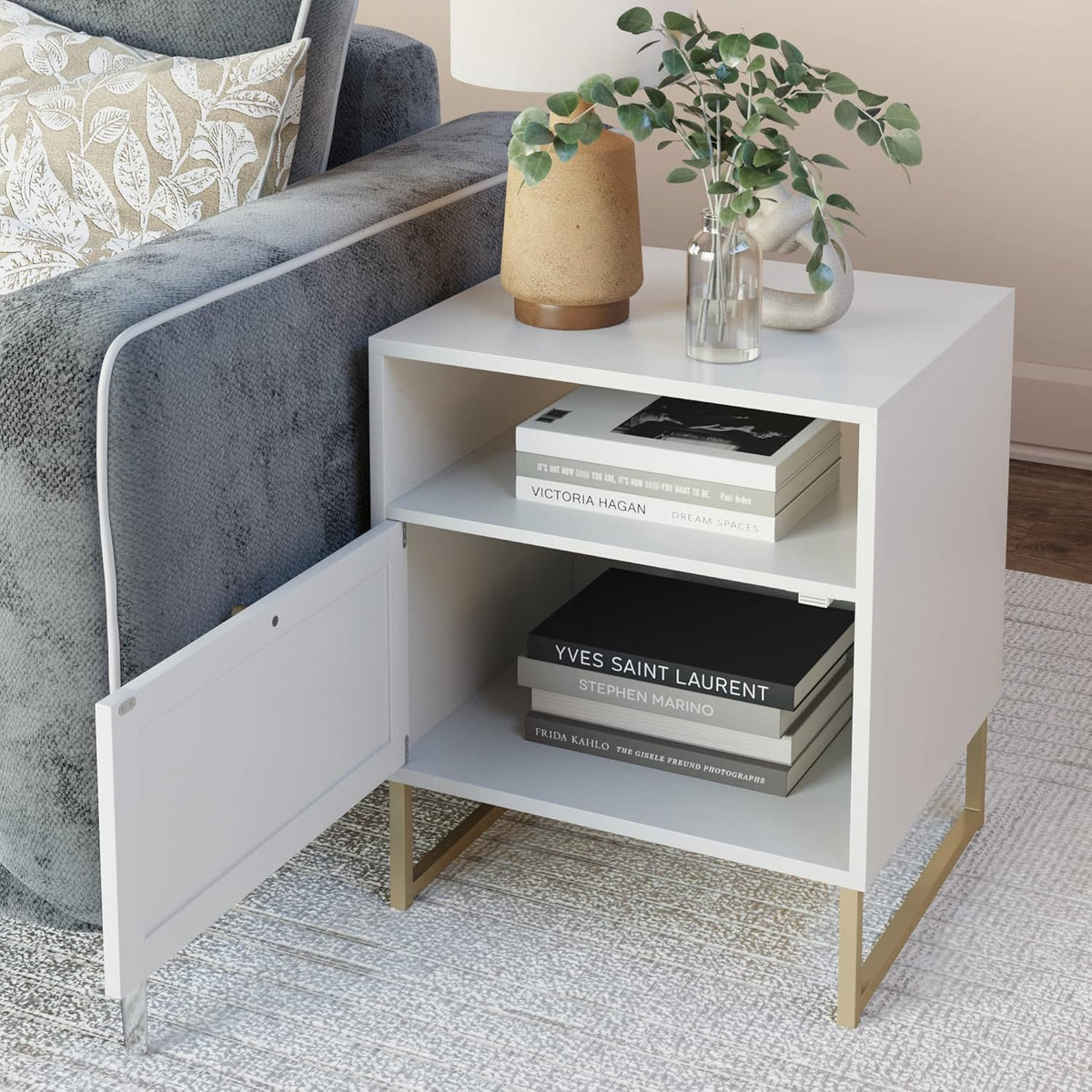 Storage-function side table and bedside cabinet set (2-piece). black oak / black