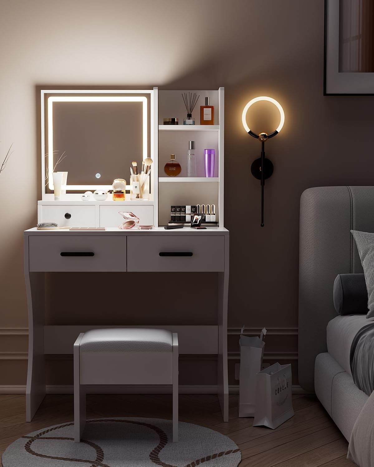 Makeup Table with Extra Large Mirror and Lights. 80cm Dressing Table with Stool