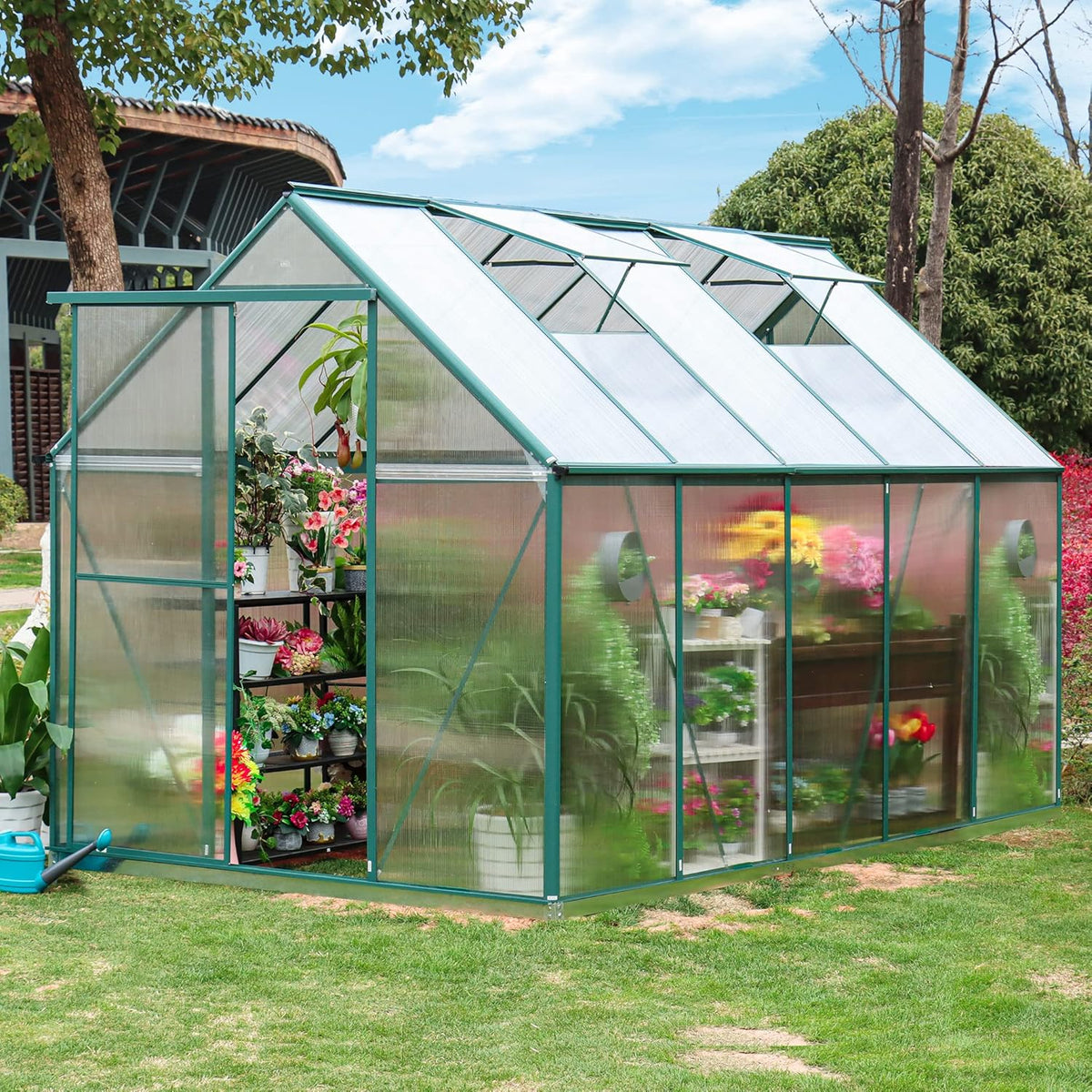6'x10' Walk-in Greenhouse with 4mm 800G Polycarbonate Panels - Heavy-Duty Aluminum Frame. Wind/Snow Resistant for Gardening. Includes Sliding Door & Ventilation Windows (Green)