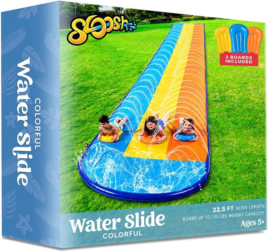 Sloosh Triple Water Slide with 3 BodyBoards. 22.5FT Lawn Water Splash Slip and Slide Summer Toy Splash Pad with Build in Advanced Sprinkler for Kids Adults Backyard Summer Water Fun
