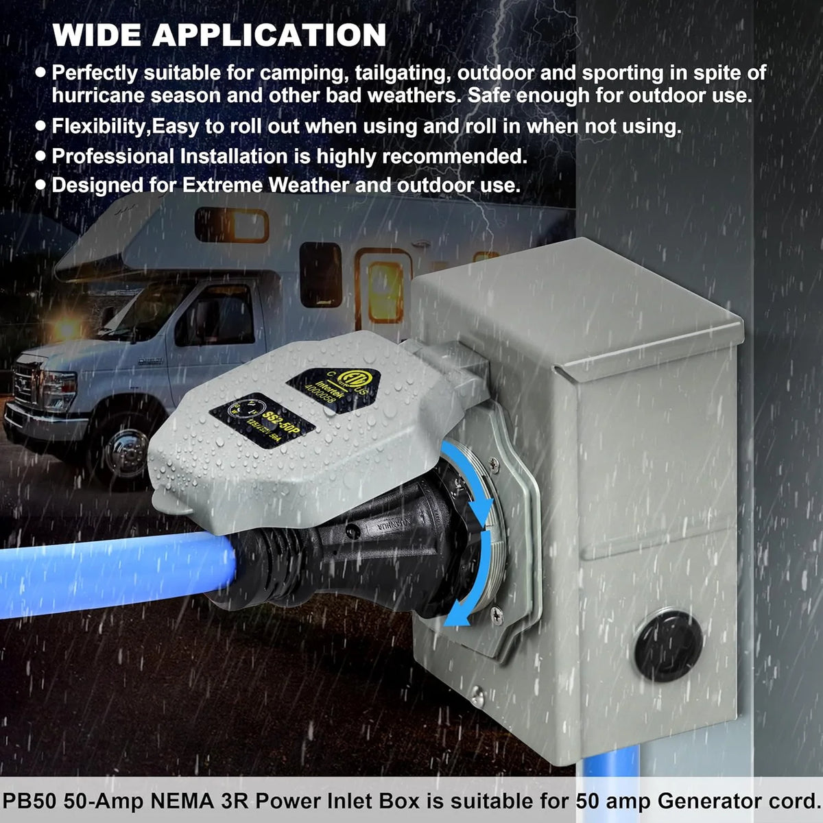 50 Amp Generator Cord and Pre-Drilled Power Inlet Box. Generator Cords 50FT. 50 Amp 125V/250V Generator Power Cord. NEMA 14-50P / SS2-50R Twist Lock Connector