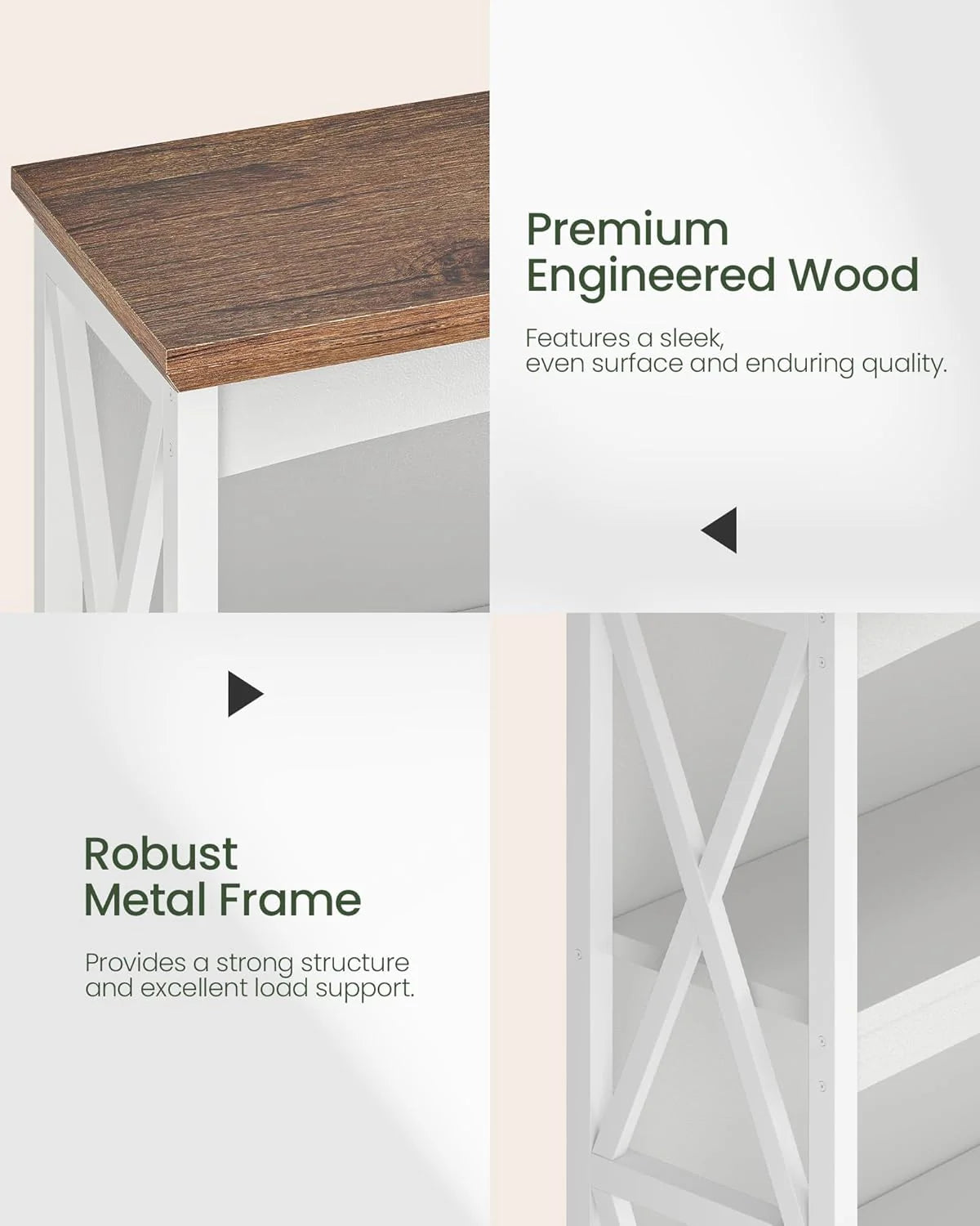 Farmhouse Sofa Table with Power Outlet-4-Tier Bookcase. 42.9 Floor Standing Organizer Shelf