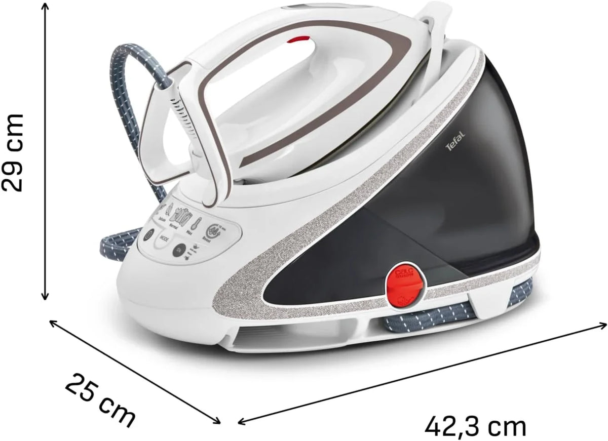 Tefal Dampfbügelstation Pro Express Ultimate. 7.7 Bar. 155 g/Min. Kontinuierlicher Dampf. 500 g/Min. Extra-Dampfstoß. 2600 Watt. Kalk-Kollektor.