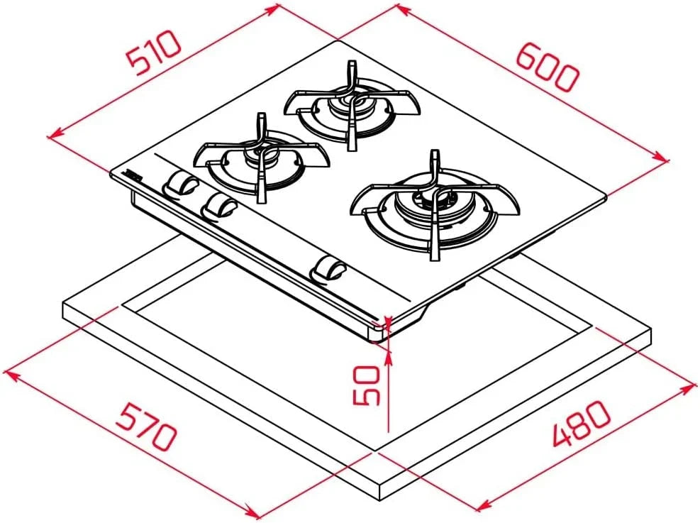 TEKA Placa de Gas Natural 60 cm. 3 Fuegos. Cristal Templado. Mandos Frontales Ergonómicos. Quemador Doble Anillo. Seguridad Termopar. Autoencendido.