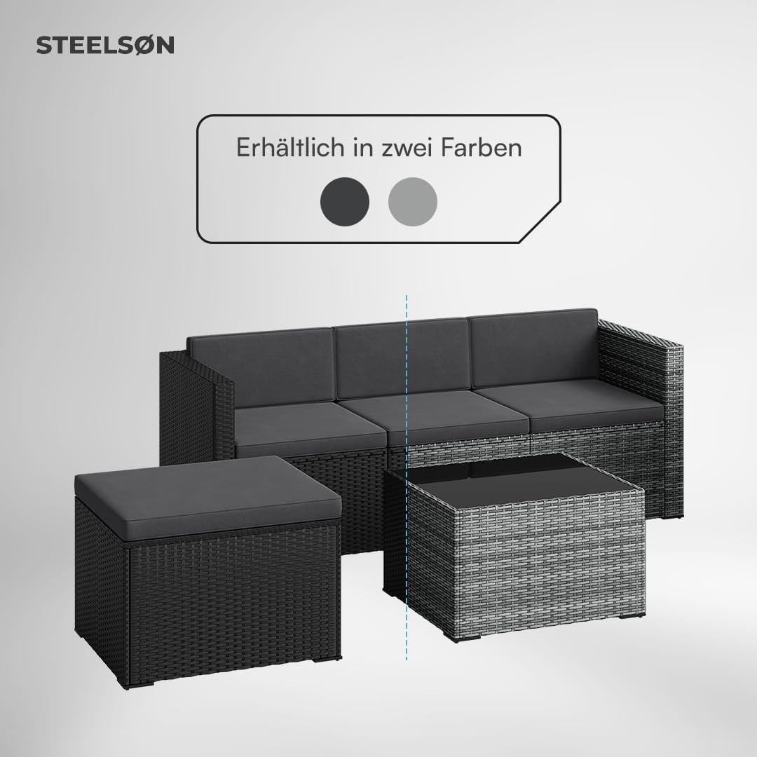 STEELSØN Zethora Rattan Gartenmöbel Set 3-TLG. – Outdoor Sitzgruppe für Garten/Terrasse/Balkon – Gartenlounge mit 3er-Sofa. Hocker & Tisch –